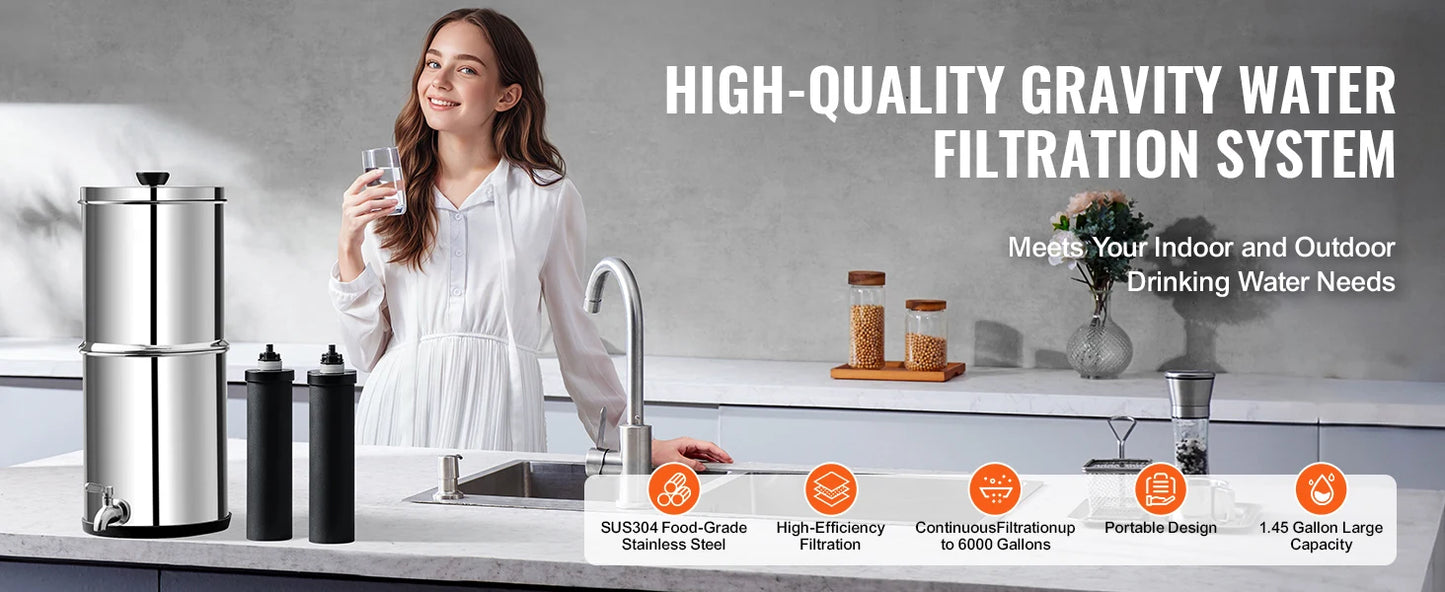 Filtre à Eau par Gravité 5,7 L Inox 304 – 2 Filtres à Charbon Actif