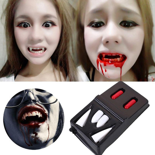 4 fausses dents de vampire+ faux sang